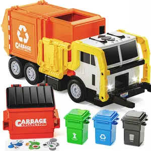 JOYIN Large Friction Powered Garbage Truck Toy Set, Includes Dumpster, Trash Bins, and Learning Cards for Kids, Orange
