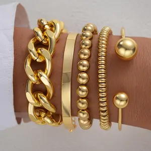 5pcs Geometric & Chain Design Cuff Gypsy Bangles As Gift for Girlfriend, Texture Metal Twist Design Bracelet on Wrist, Elegant Matching Jewelry, Classic Fashion Accessories for Daily Wear, Stack Bracelets for Wife