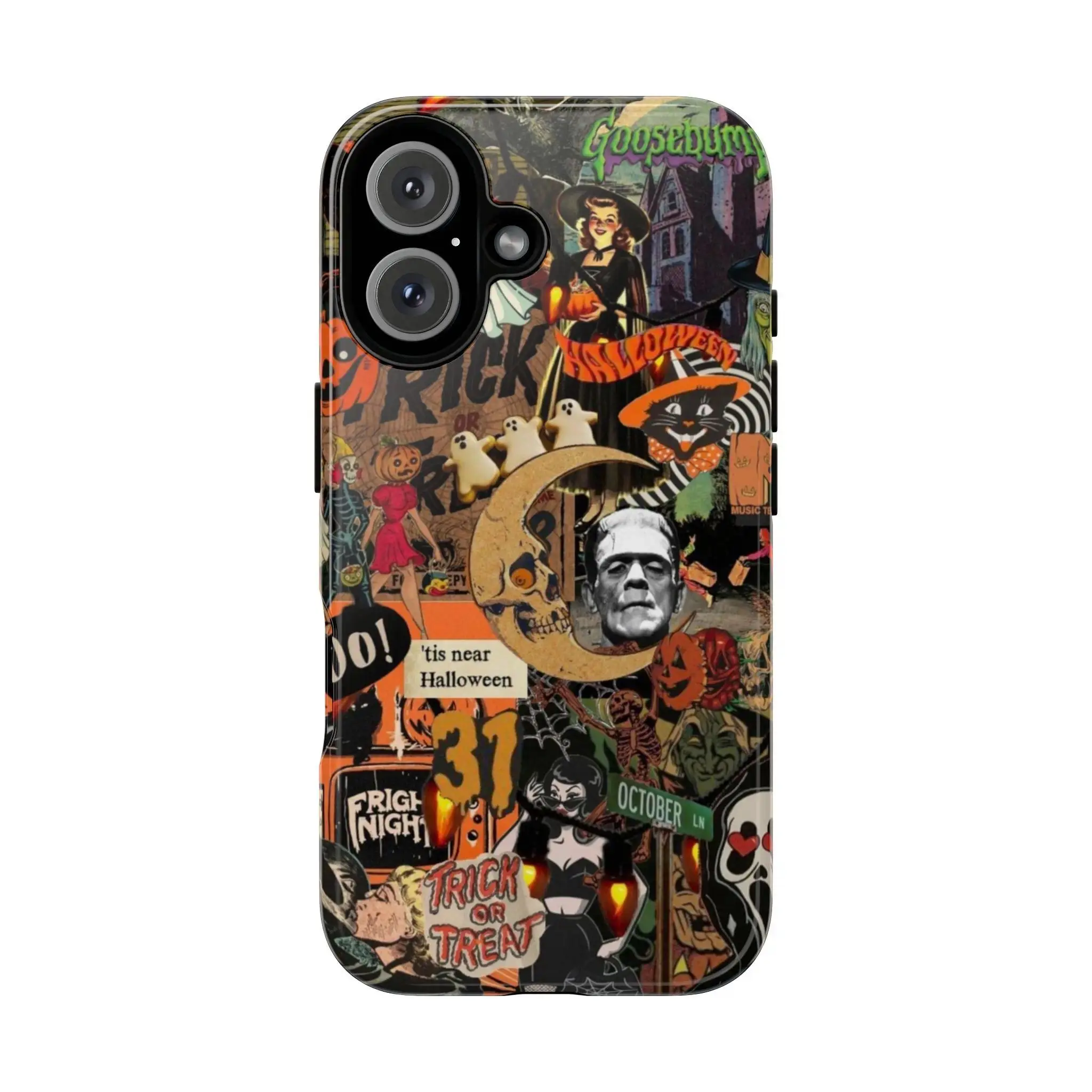 Halloween "Spooky Mashup" Collage Phone Case — Featuring Frankenstein, Vampires, Black Cats, and "Fright Night" Art Designs; Compatible with iPhone 11–17 Pro Max/Plus Series and Samsung Galaxy S23–25 Series