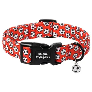 Unique Style Paws Unique Style Paws Soccer Dog Collar,Red Soccer Print Dog Collar for Celebration,Soft Cotton Puppy Collars with Adjustable Buckle for Small,Medium,Large Dogs