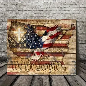1pc American Patriotic Eagle Wall Art, Wooden Framed Canvas Print with US Flag & We The People Design, Religious Cross Theme, Ready to Hang Decor for Bedroom, Living Room, Classroom