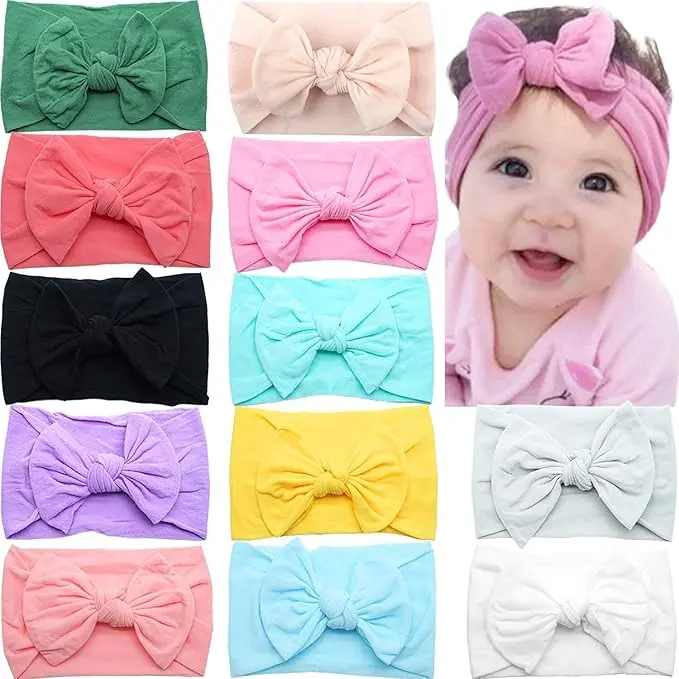 10 Pack Solid Color Knot Bow Headband Accessories for Baby Girls, Soft Stretchy Easy Fit Fabric for Newborns & Infants, 4-Inch Bows, Headband Accessory