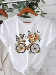 Plus Size, Bicycle Print T-Shirt, Floral and Butterfly Pattern Design, Fashion Plus Size Spring/Summer Women's Wear, Machine Washable