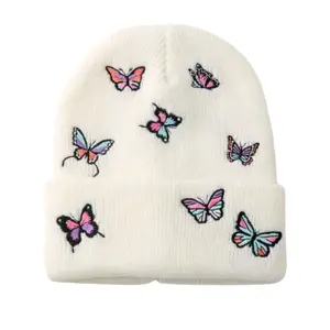 Butterfly Beanie - White Knit Hat with Colorful Butterfly Designs