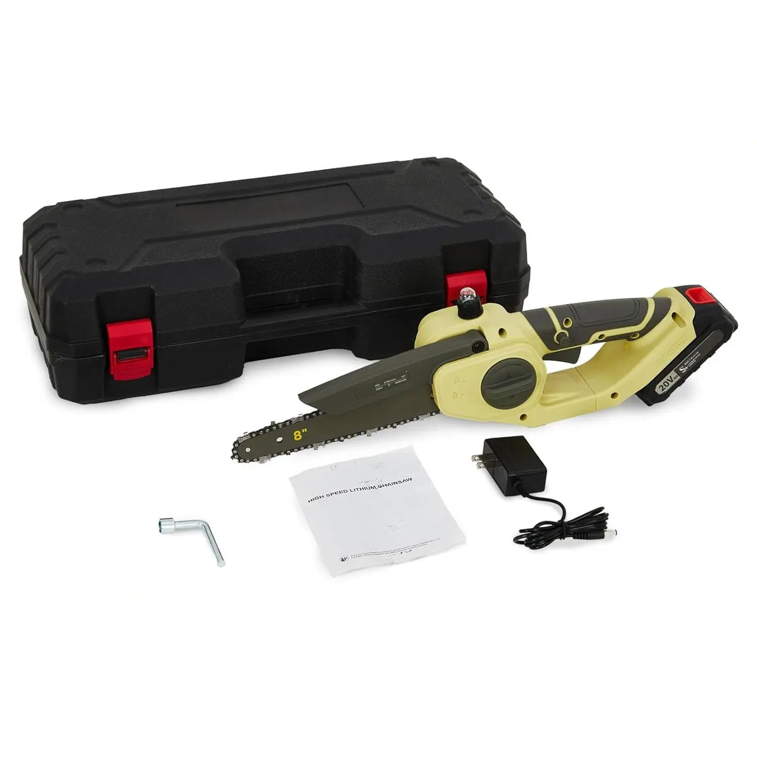 8-Inch 1×20V Cordless Brushless Chainsaw Full Kit, Metal Saw with 1×Charger, 2×4.0Ah Batteries, 2×8-Inch Chains, Toolfree Tension, Auto Oiling, Manual Operation, Gloves, Wall-Mount Compact Storage, Ideal for Outdoor Branch/Log Cleanup & Wood Cutting