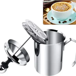 3pcs Manual Milk Frother Set(milk frother x1 + latte cup x1 + latte needle x1), Stainless Steel Handheld Coffee Steamer with Dual Filter Lid Latte Art Pen, Home Office Use