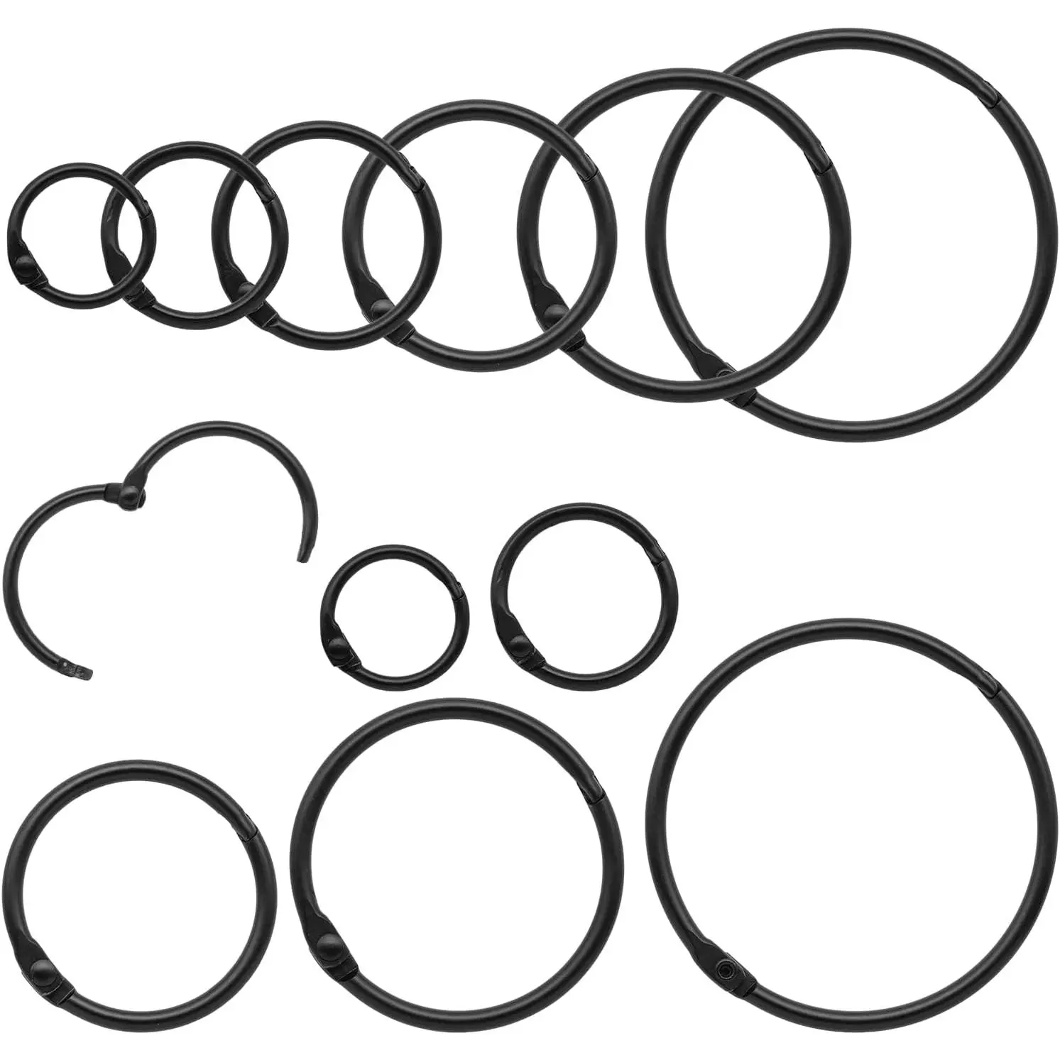 120 count Binder Rings Assorted Sizes (1/2", 3/4", 1", 1-1/4", 1-1/2", 2"), Loose Leaf Binder Book Rings, Metal Index Card Rings Binder Clip Rings for Flash Cards, Key Rings, Index Cards (Black)