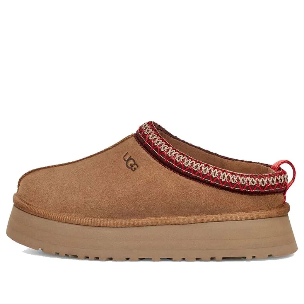 UGG Women's Tazz Classic Slipper, Chestnut Platform Shoe with Red Braid Detail, Casual Slip On Footwear