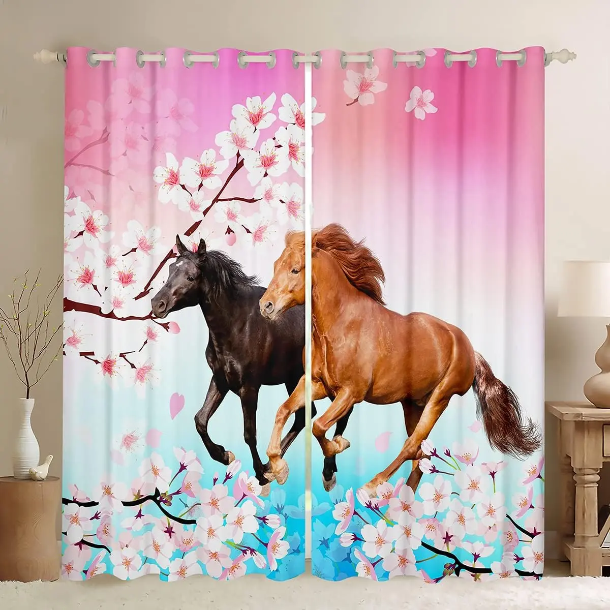 Horse Curtain Chic Cherry Blossom Bedroom Window for Bedroom Living Room Galloping Horse Printed Sheer Curtain Wild Animal Curtain Set Pink Room Decor