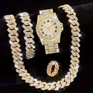 Ring  necklace  watch  scarf 4pcs, Men's Rhinestone Bracelet Set, Ring Set, Men's Watch Gift Set