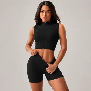Women's Seamless Ribbed Zip-Up Crop Tank Top, Sleeveless Athletic Workout Top, High Neck Slim Fit Activewear for Gym, Yoga, Training & Everyday Wear