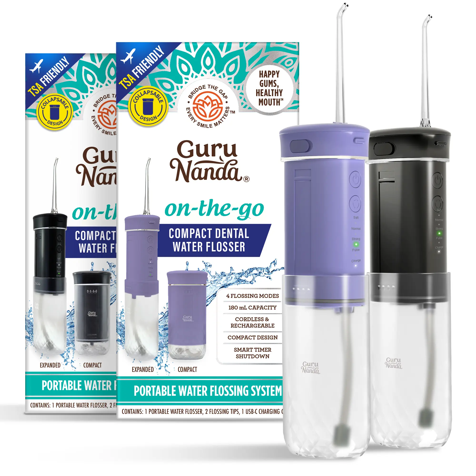 GuruNanda Compact Dental Water Flosser - Travel Size Oral Irrigator with Smart Timer & 2 Floss Tips - 180ml Tank GuruNanda Compact Dental Water Flosser - Travel Size Oral Irrigator with Smart Timer & 2 Floss Tips - 180ml Tank