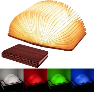 Wooden LED Folding Book Lamp - Upgraded 5-Color Multichrome, 360° Rotatable, Illuminated Light-Up Modern Nightlight Quirky Novelty Lighting, Book Lovers' Decor, Women's Gift, Illuminated Novelty Lighting