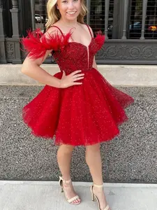 Kissprom Dresses Anna |A Line Sparkling Tulle Corset Homecoming Dress with Feathers - Red