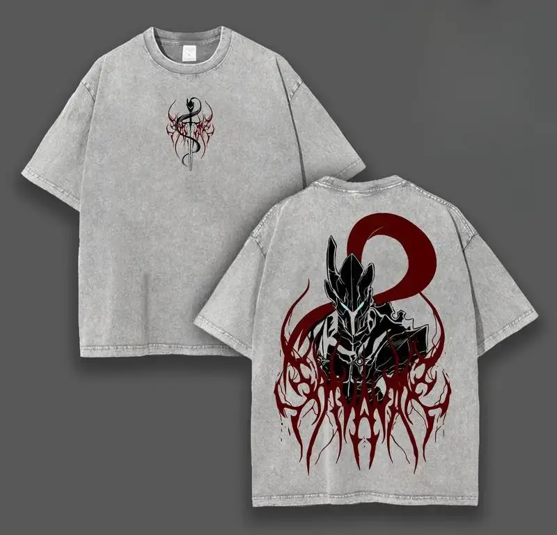 Men's Solo Leveling Igris Bloodred Double-Printed Baggy Oversized Seamless Crew Neck Shortsleeve Cotton Tshirt - Lightweight Acid-Washed Soft Apparel, Valentine Gift for Anime Fans, Round Neck, Casual, Stylish, Top, Fabric, Ribbed, Loose, T-Shirt, Menswea