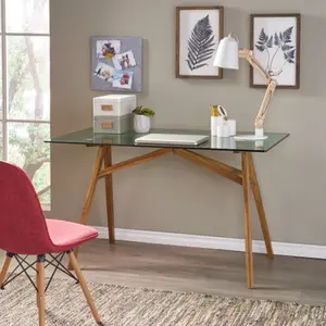 51.20x27.60x30.00 Inch Mid-Century Modern Computer Desk, Tempered Glass Tabletop with Solid Acacia Wood A-Frame Base, Natural Finish Home Office Workstation Conference Table