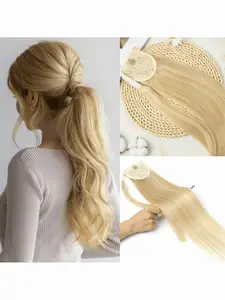 Honey Human Hair Ponytail Extensions, Natural Straight Brazilian Virgin Hair, Wraparound Clip-In Ponytail Extensions, Glueless Human Hair
