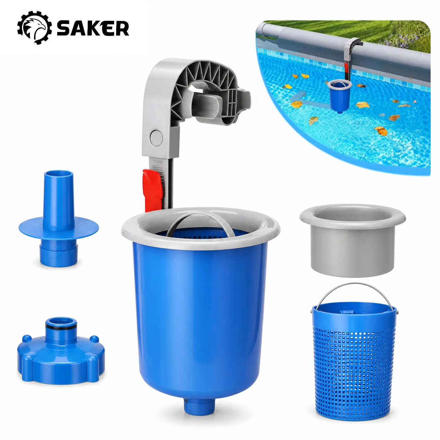 Saker Above Ground Pool Skimmer, Wall-Mounted Automatic Pool Surface Skimmer with Removable Basket and Hose, Adjustable Leaf and Debris Catcher for Inflatable and Metal Frame Pools
