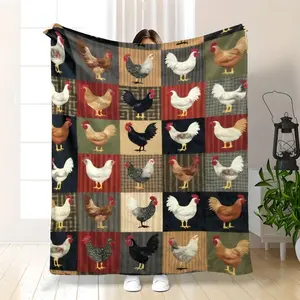 Vintage Farmhouse Chicken Patchwork Flannel Blanket - Rustic Rooster Hen Print, Soft Cozy Warm Plush Throw, Ideal Gift for Chicken Lovers, Bedroom Sofa Cabin Home Decor
