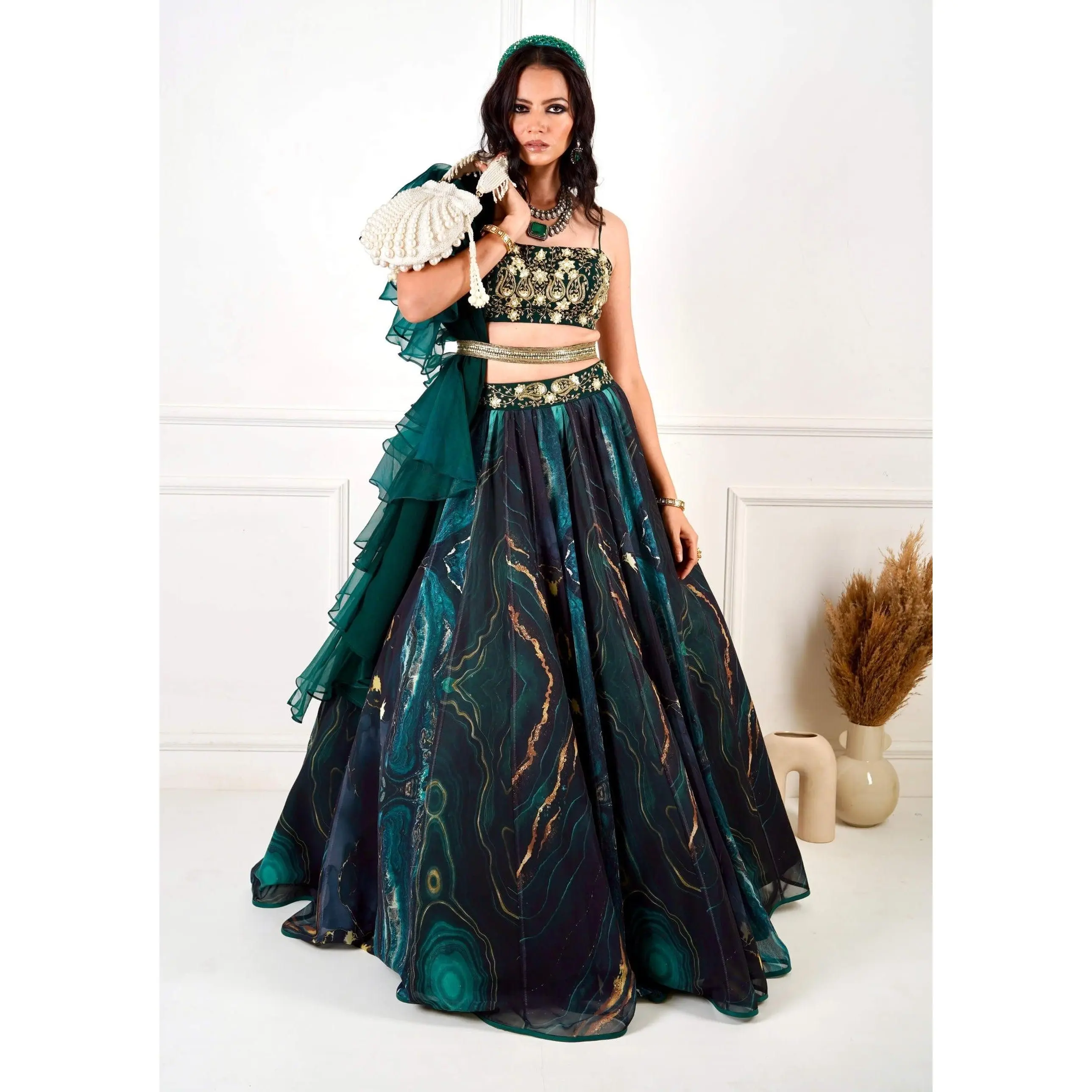 Meesha green marble print lehenga set