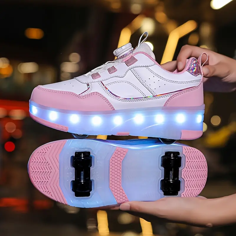 Girls' Fashion Skate Shoes with Removable Wheels - Rechargeable, Durable & White & Pink Casual Footwear with Rotating Buckle Closure for Outdoor Activities