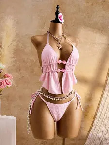 Swim Vcay Halter Backless Tankini Bikini Set Beaded Ruffle Hem Strappy Triangle Drawstring Slim Fit Solid Pink Summer Sexy Cute Beach Vacation Women Swimwear