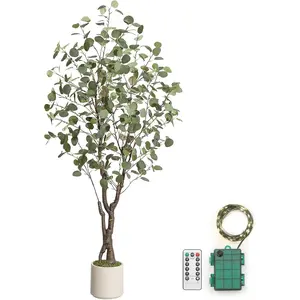 Artificial Eucalyptus Tree Indoor, Tall Fake Artificial Plant with White Planter，Large Faux Floor Plant Fake Silk Trees with Lights Artificial Trees for Home Decor Indoor