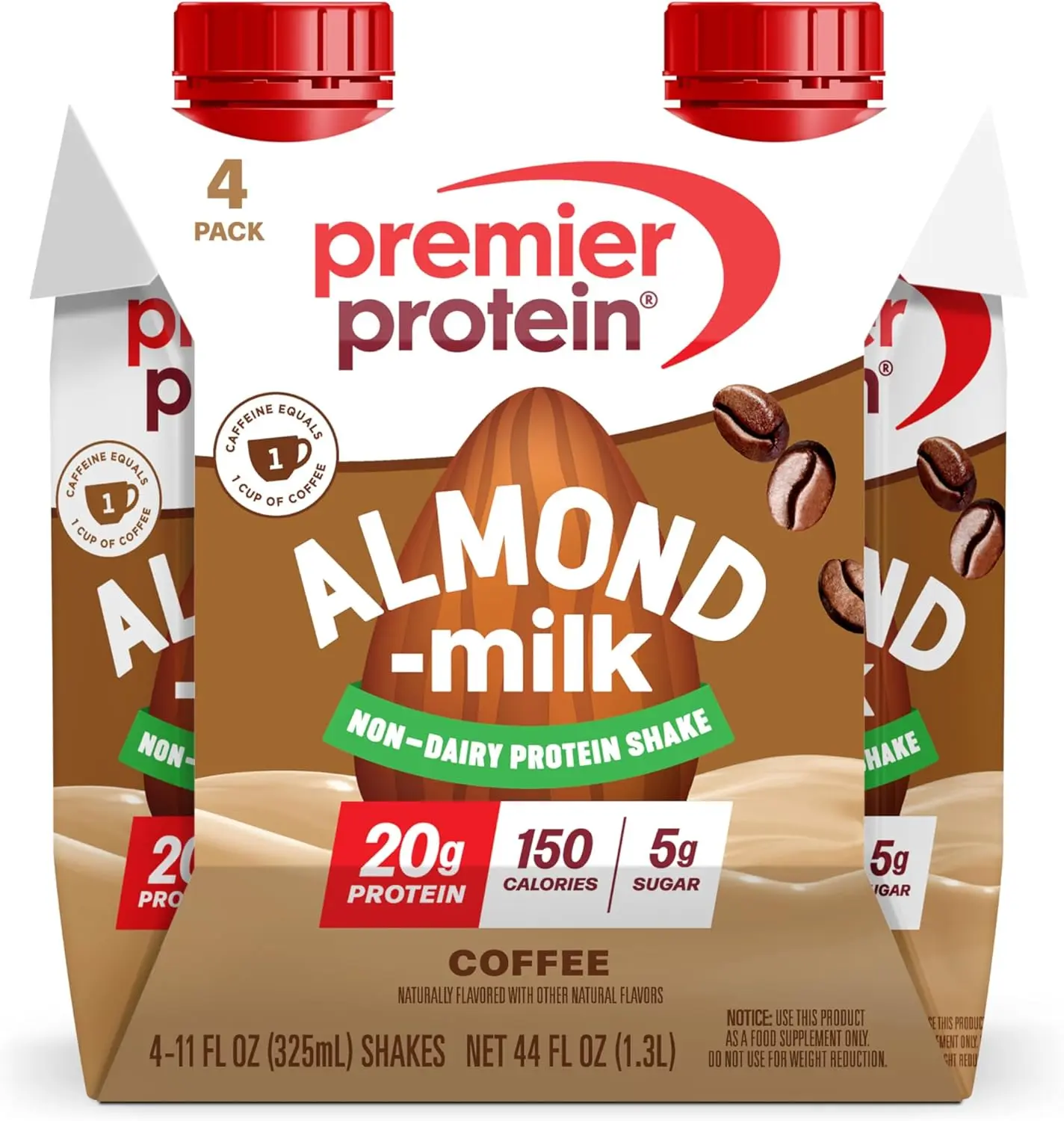 Premier Protein Non-Dairy Plant Based Almondmilk Protein Shake, Coffee with Caffeine for Energy – 20g Protein, 5g Sugar, 11 fl oz, 4 Pack