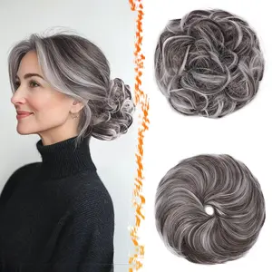 BARSDAR 2 PCS Messy Bun Hair Pieces - Elastic Brown Gray Messy Hair Bun Scrunchies Extensions for Women - Synthetic Thick Fluffy Updo Chignons Salt and Pepper Hairpieces Daily