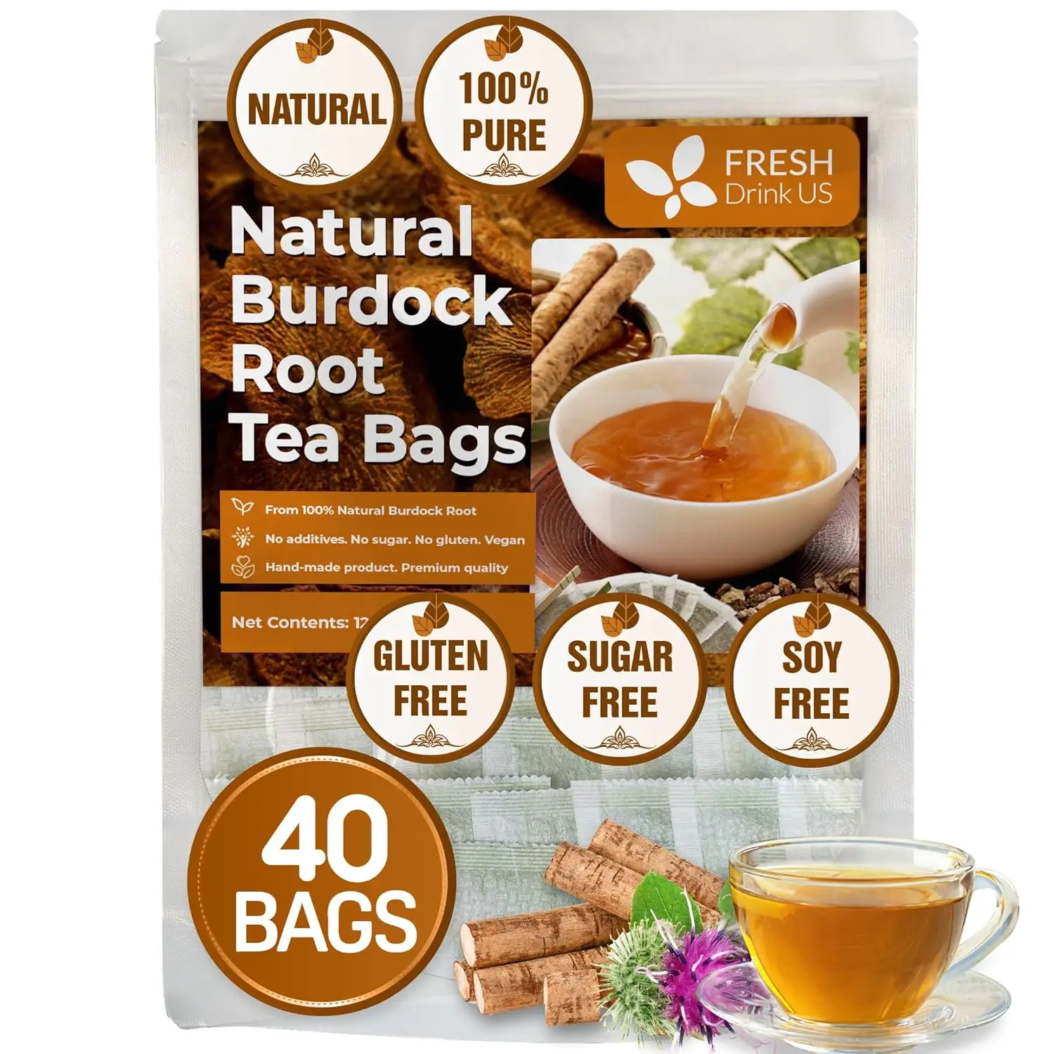 FreshDrinkUS Burdock Root Tea, 100% Natural & Pure, Non GMO, No Sugar, No Caffeine, No Gluten, Vegan, Soy Free, Beverage