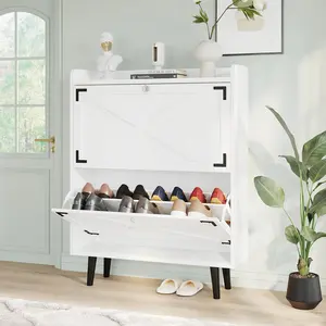 VOWNER Shoe Cabinet with 2 Flip Drawers, Freestanding Shoe Storage Organizer with Wood Legs, Narrow Shoe Rack Cabinet for Entryway, Hallway, Living Room, White