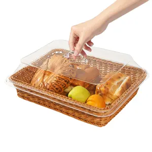 Imitation Rattan Bread Basket with Lid, Woven Tabletop Food Serving Basket, Fruit Basket for Vegetable, Restaurant, Display, Kitchen, Party, Rectangle,35cm×25cm