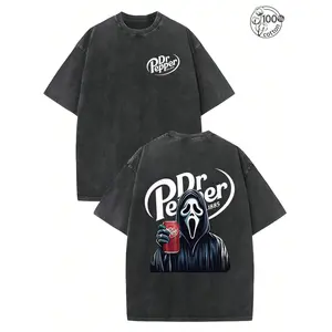 Ghost Face Dr Pepper Horror Halloween Double Sided T-Shirt, 230G Heavy Washed Batik Retro Thick Cotton Tee, Loose Fit Round Neck Short Sleeve, Unisex Couple Summer Streetwear Casual Tops