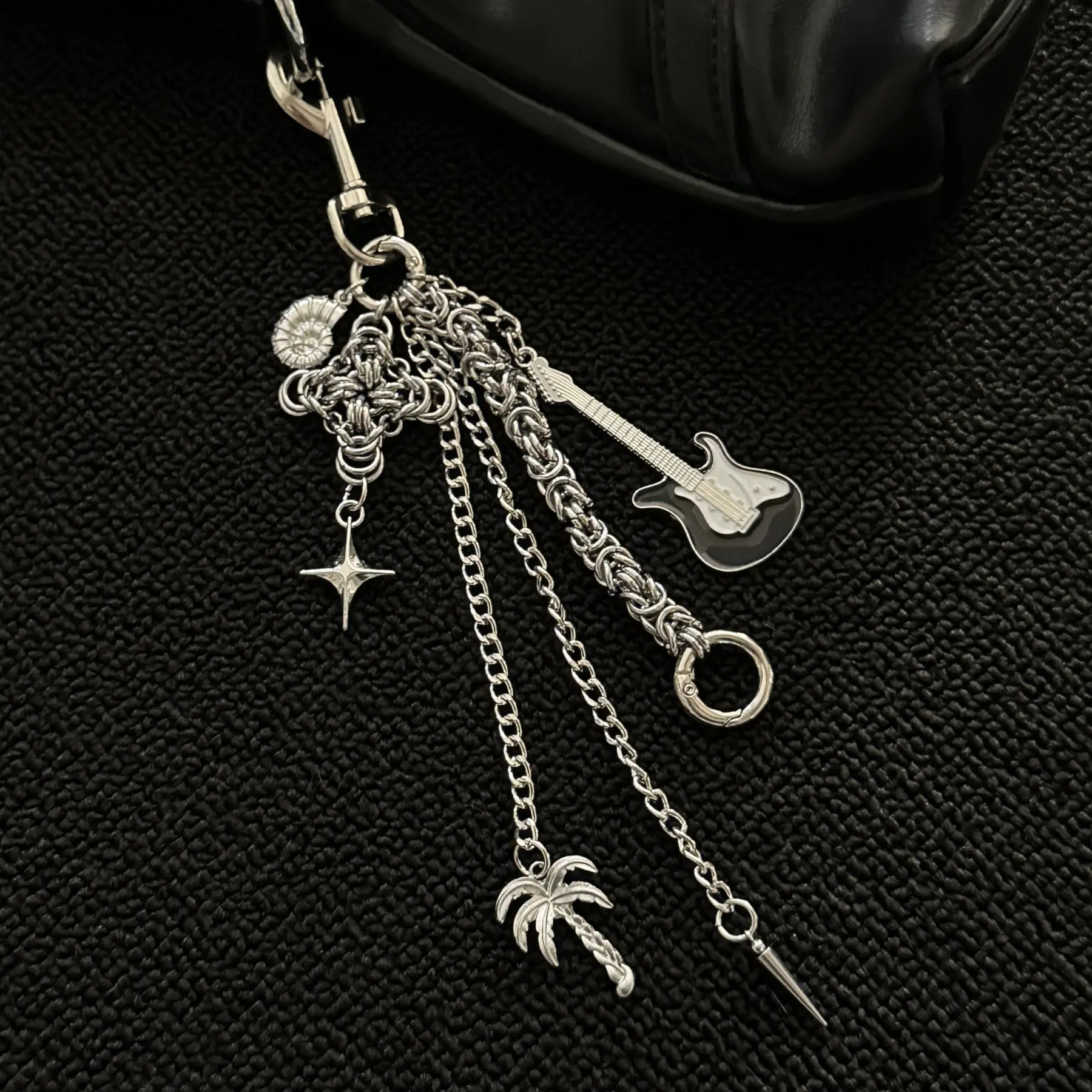 Beach Party Chainmail Keychain | Guitar & Palm Tree Charms | Y2K Rock Streetwear Bag Accessory