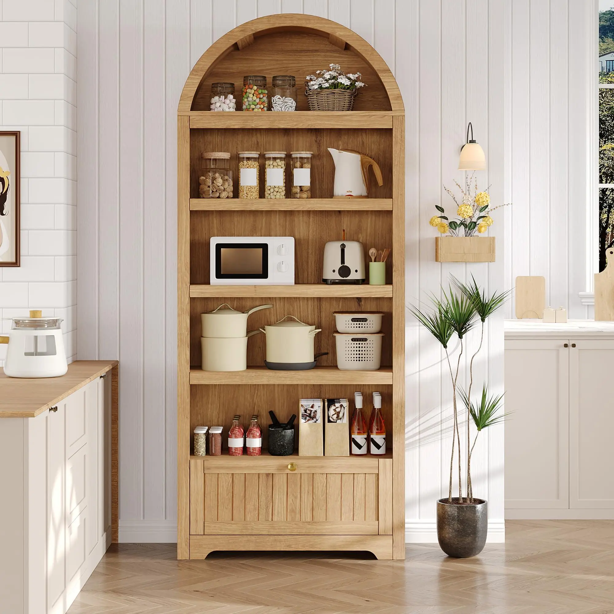 72 in Tall Arched Pantry Cabinet, 5-Tier Kitchen Pantry Cabinet with Spacious Drawer & Gold Handles, Wood Storage Cabinet for Dining Room, Kitchen, Living Room, Natural