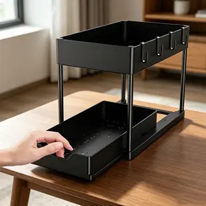 Double-Layer Pull-Out Storage Rack, Kitchen Cabinet Organizer, Multifunctional Bathroom Drawer, Includes 5 Hooks and 2 Hanging Baskets, Laundry