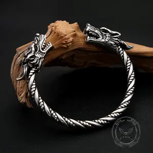 GTHIC Viking Double Dragon Head Stainless Steel Nordic Open Bracelet Retro Norse Fashion for Casual or Party Outfits