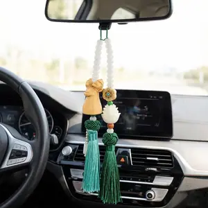 Car Hanging Ornament, Deer Head Design, Symbolizes Safe Journey, Jade Tassels, Transparent Beads, Lotus Shape, Automotive Decor