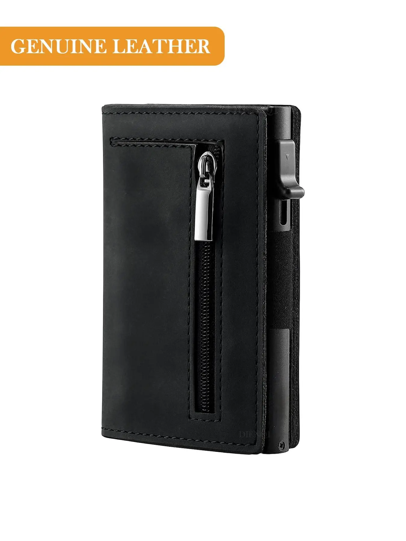 Cow Leather Wallet Men Magnetic Rfid Card Holder Crazy Horse Leather Pop Up Aluminum Case Credit Cardholder Black Wallets Slide Function Cards with Zip Wallet, Business, Gift for Men