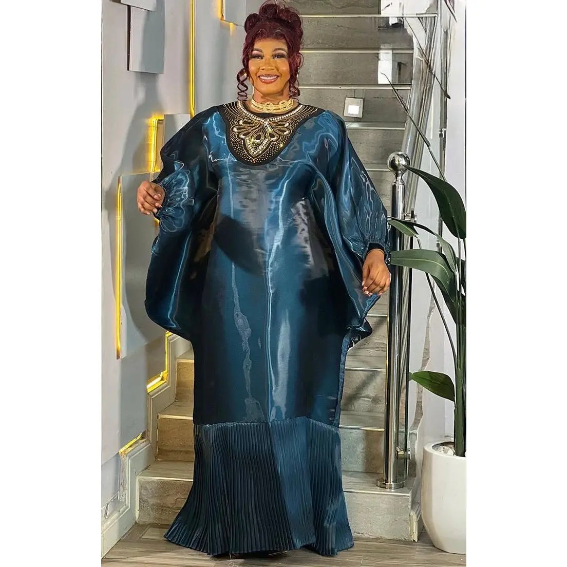 Blue Liquid Organza Bead-Embellished Pleated Kaftan Maxi Dress for Mother of The Bride Engagement Birthday Party Church Anniversary African Bubu Gown Wedding Guest Outfit Formal Evening Gown