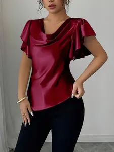 Elegant Casual Summer Sexy Cap Sleeve Asymmetrical Hem T-Shirt, Fitted Women's Fashion Top, Comfortable and Stylish, Chic, Perfect for Daily Wear