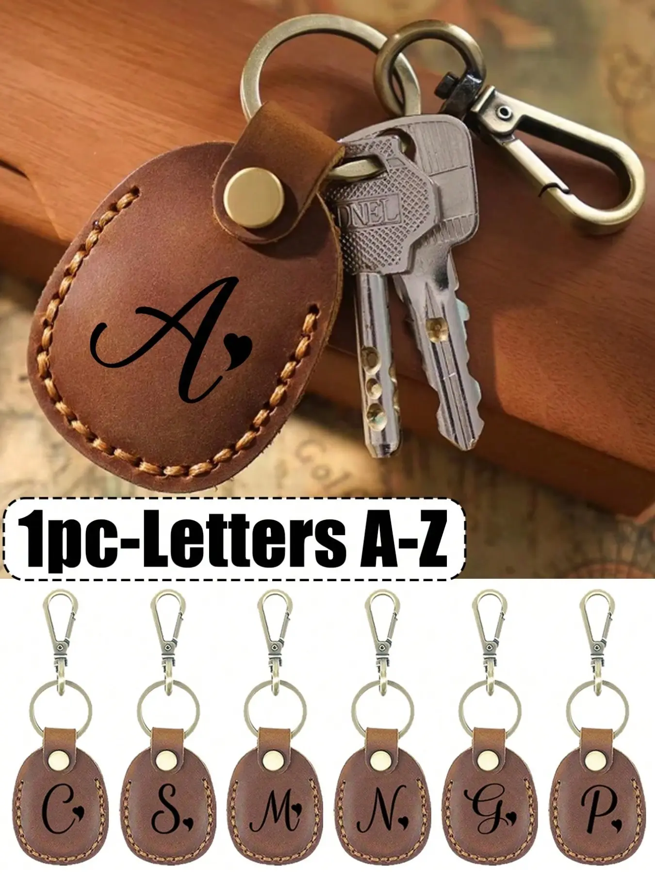 Leather keychain with artistic heart-shaped black letters A-Z, handcrafted portable leather keychain with key ring, full coverage protective case, suitable for 2021 AirTags
