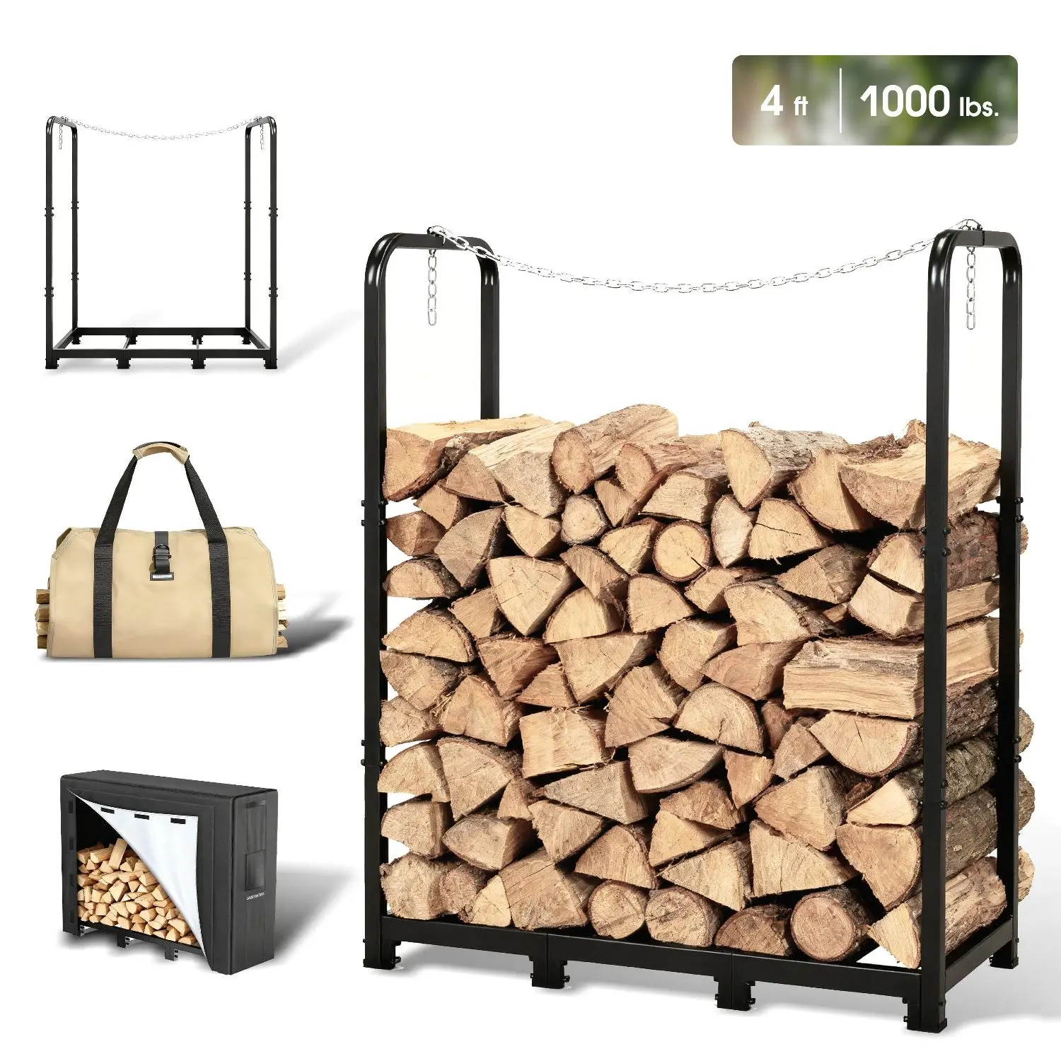 4/6/8ft Heavy-Duty Adjustable Firewood Rack - Carbon Outdoor/Indoor Wood Holder with Firewood Stacker, Space-Saving Lumber Organizer Stand for Fireplace, Wood Stacks (4/6/8ft Lengths) - Durable Firewood Storage Rack, Black