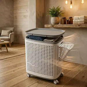 Joybos Plastic Geometric Foldable Laundry Basket with Lid, Wheels, Carry Handles, Removable Trays & 360-Rotation, Heavy-Duty Collapsible Slim Rolling Utility Storage Bin for Closet, Bathroom