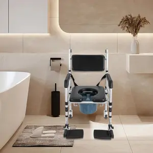 Folding Shower Chair Commode with Wheels Brakes 350 lbs Capacity Adjustable Height 36.61-38.98in Portable Toilet for Elderly Disabled