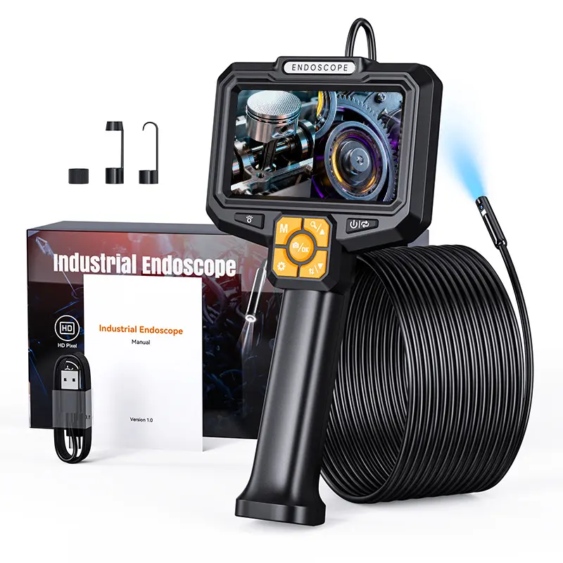 5" industrial endoscope with 2MP dual-view (front+side) lenses. 5M semi-rigid IP67 waterproof cable. 4-step LED brightness + 3X zoom. Records video & photo. Ideal for tight-space inspections in automotive, plumbing, and machinery campi