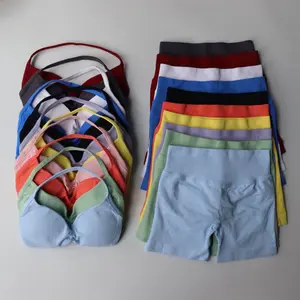 Impact Gym Set 2 Piece Women's Strappy Yoga Bra Top & Scrunch Shorts Sports Suit Fitness Clothes Seamless Yoga Set Everyday Activewear for Summer