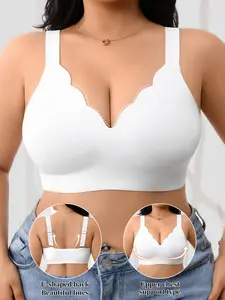 Women's Plus Size Elegant Wave Edge No Underwire Push-Up Bralette, Deep V Seamless Adjustable Design Soft Comfort Everyday Wear