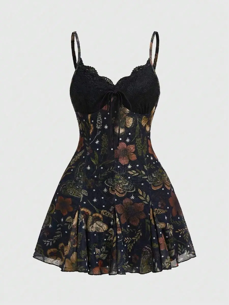 BERRYSHOP Plus Size Fairycore Summer Outfits Dark Floral Bohemian Romantic Gothic Print Loose Fit Women Spaghetti Strap Mini Dress