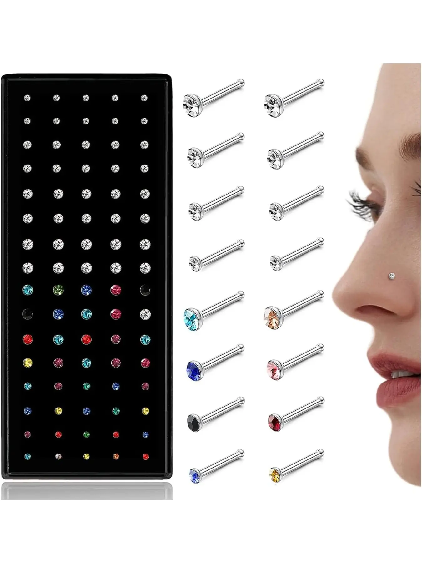 Hypoallergenic Nose Rings Studs for Women & Men, Straight/l-Shaped Surgical Stainless Steel, 20g-22g Sizes, Punk Style, All Seasons, Nose Rings Set, Body Jewelry